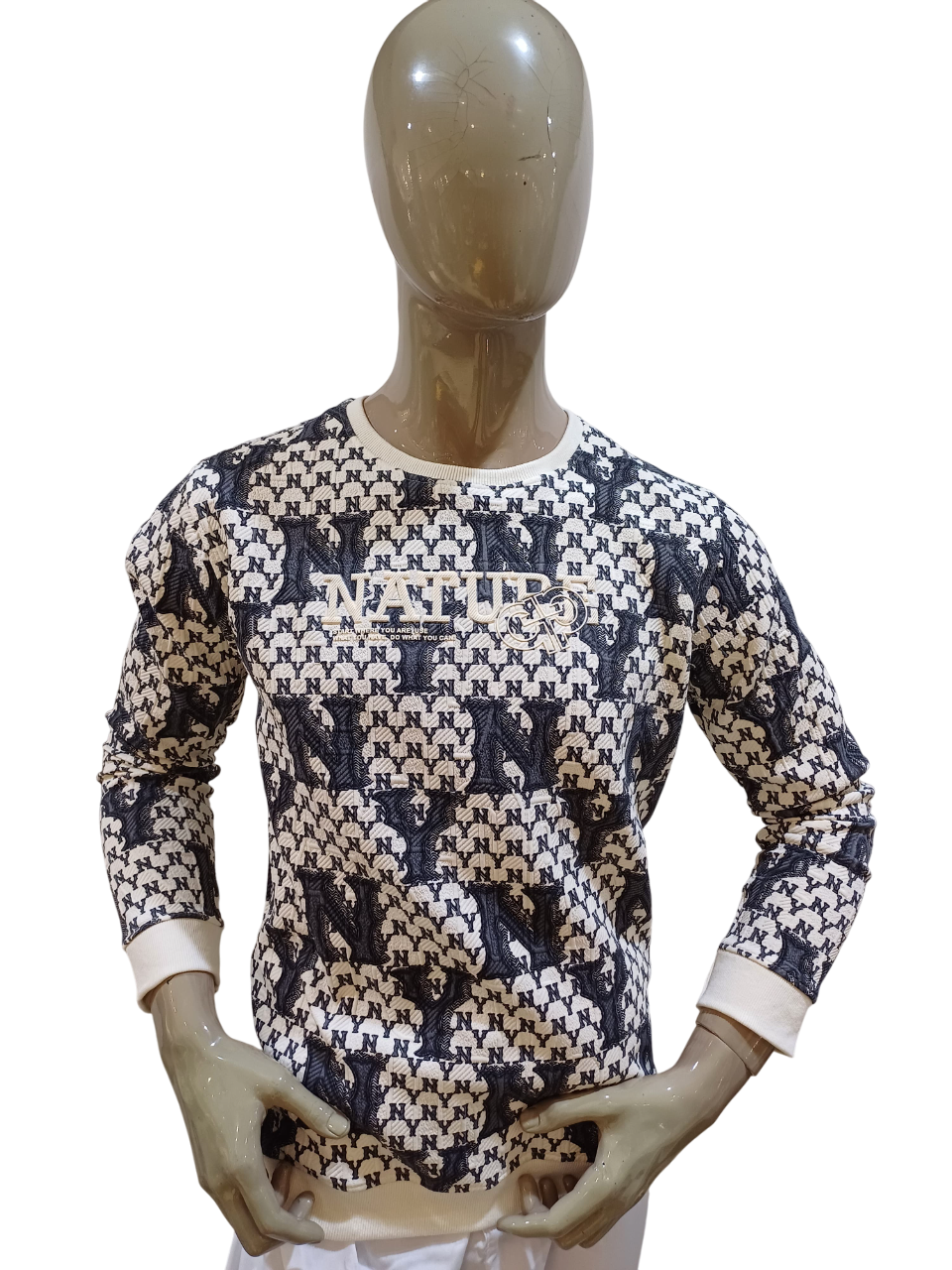 Mens Grey Round Neck Full Sleeve Printed T-Shirt