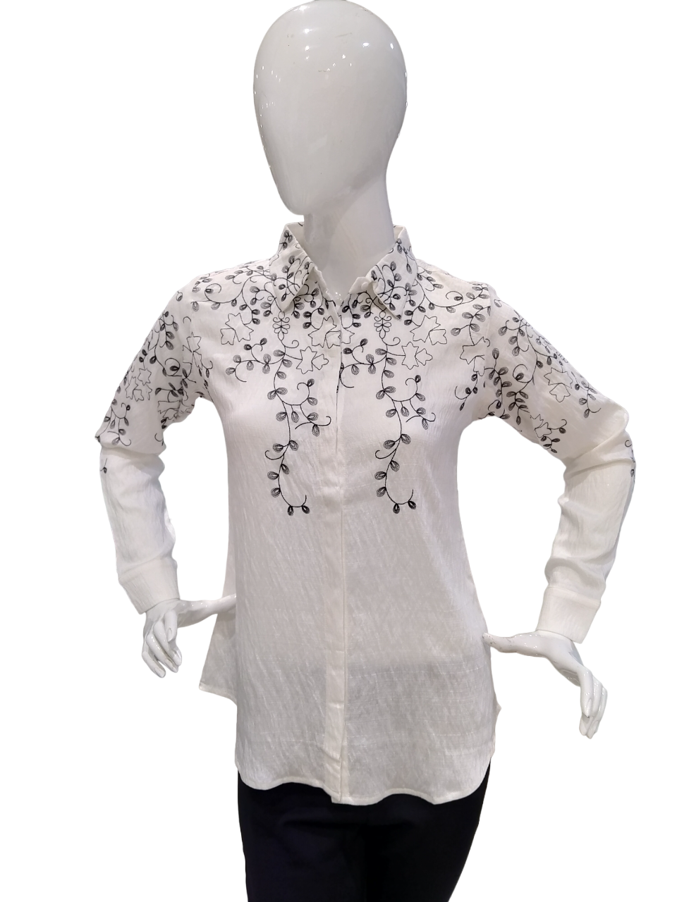 Women White Shirt Style Front Open Full Sleeve Fancy Printed Top