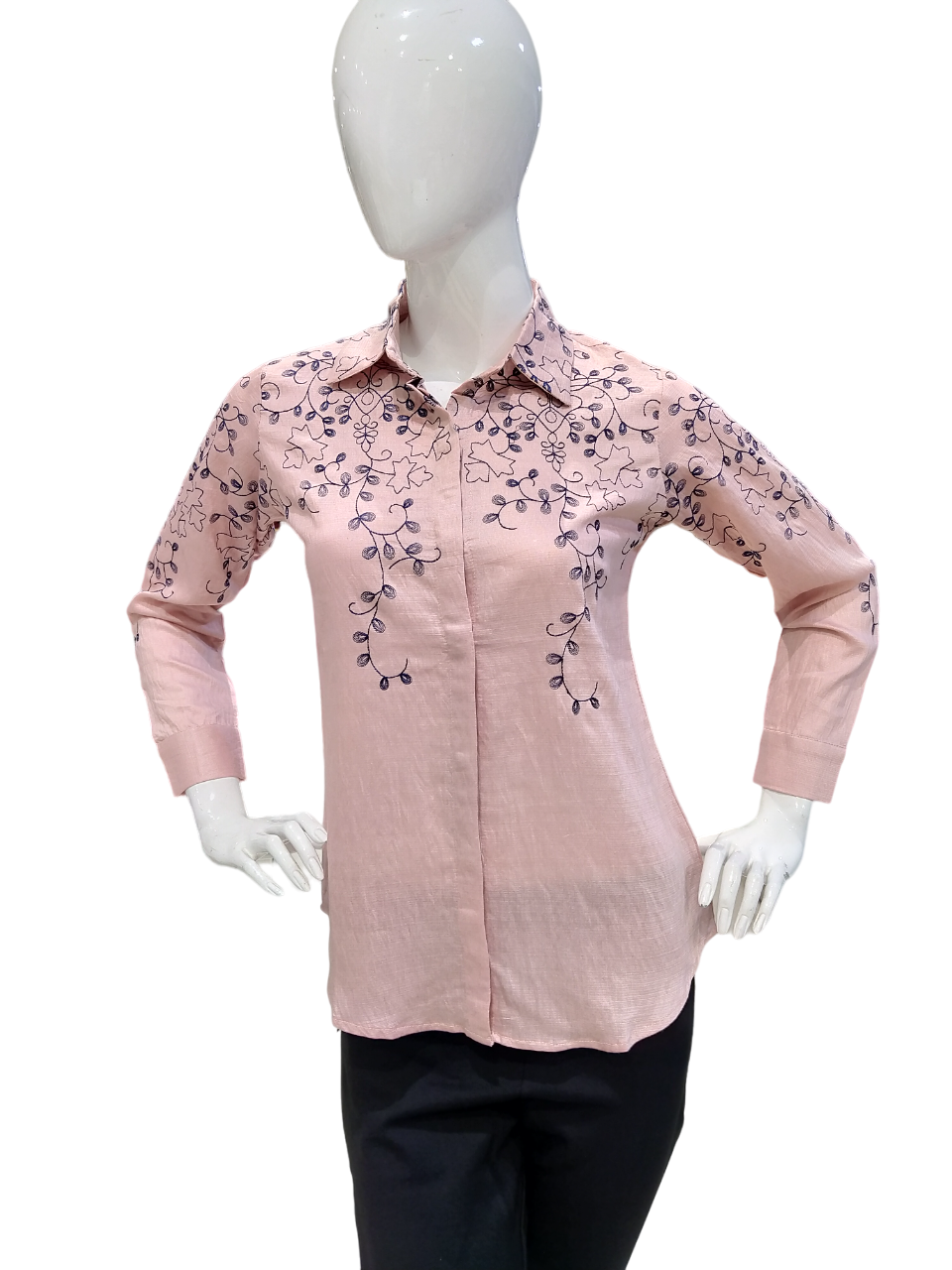 Women Pink Shirt Style Front Open Full Sleeve Fancy Printed Top