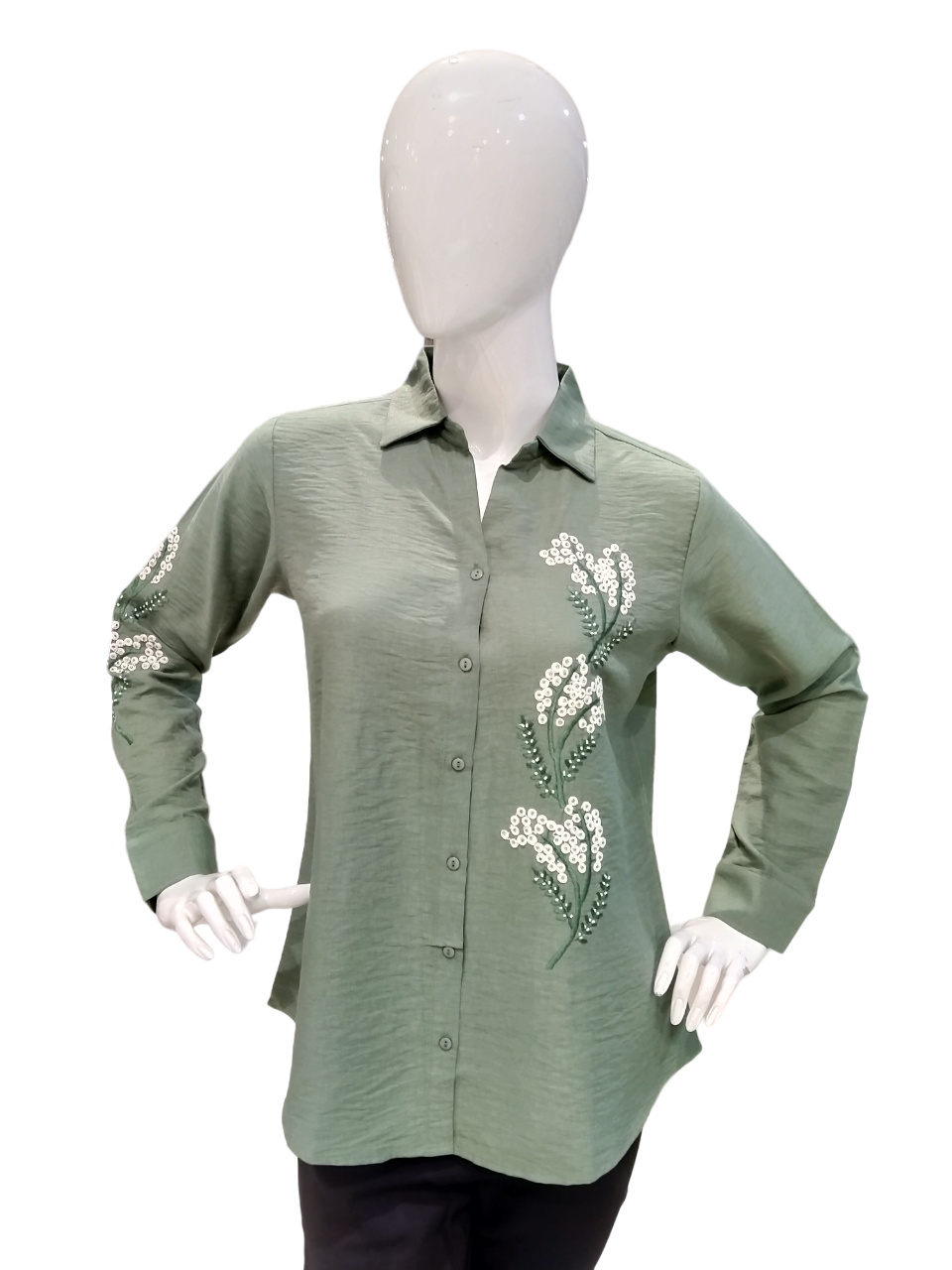 Women Green Shirt Style Front Open Full Sleeve Fancy Printed Top