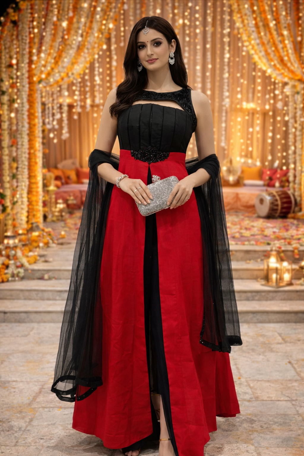 Woman's Black/Red Fancy Neck Long Kurta Set With Dupatta – Half Ticket
