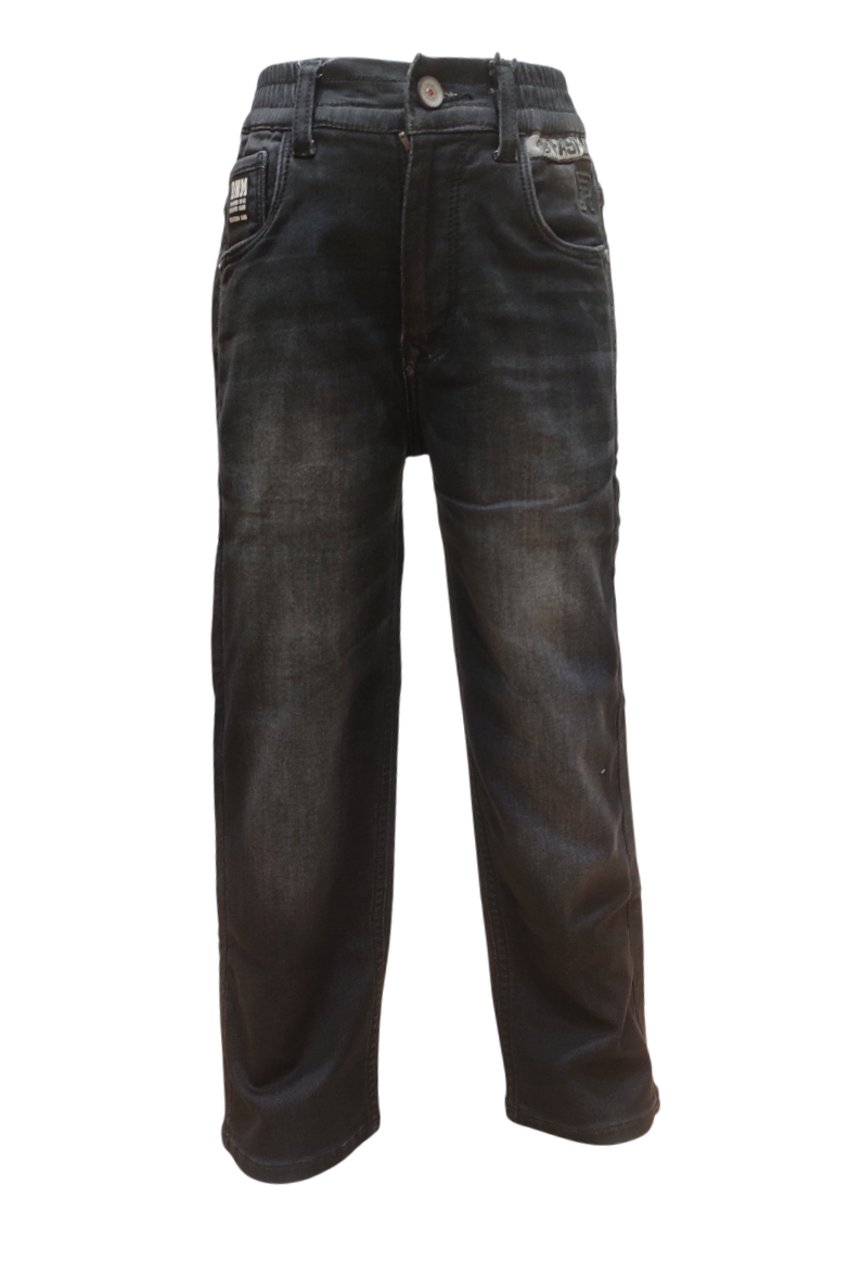 Boys Black Round Elastic Fancy Denim Jeans