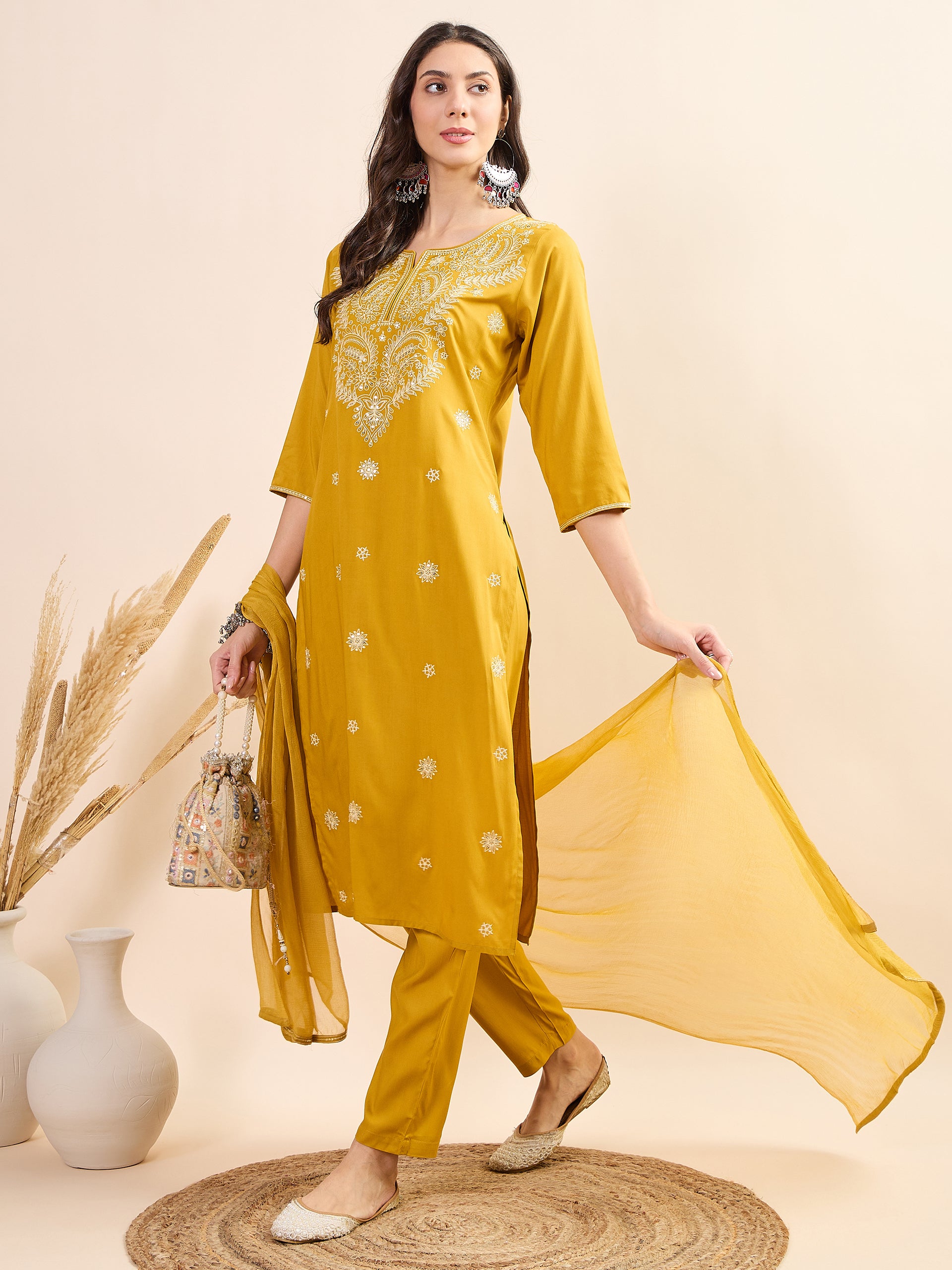 Women's Gold Fancy Kurti Suit With Dupatta