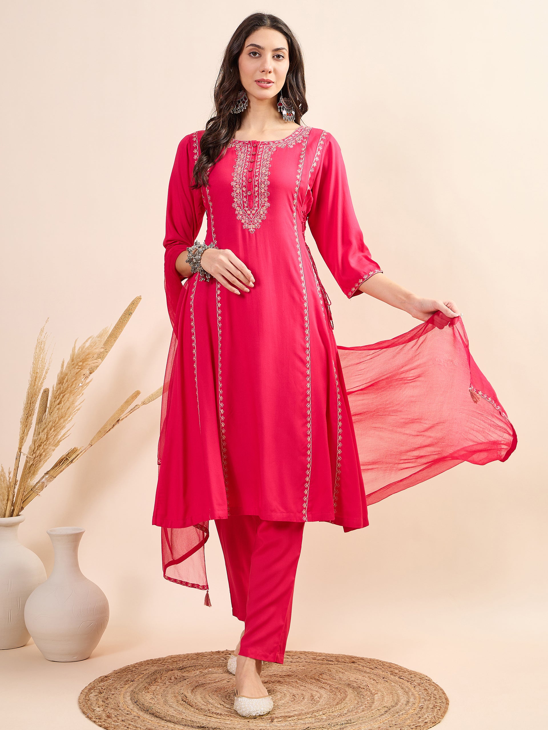 Women's Fuchsia Fancy Kurti Suit With Dupatta