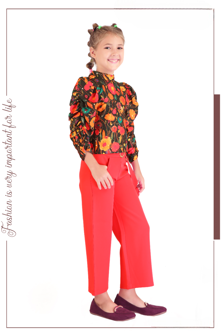 Girls Coral Floral Printed Fancy Short Top With Plazo Suit