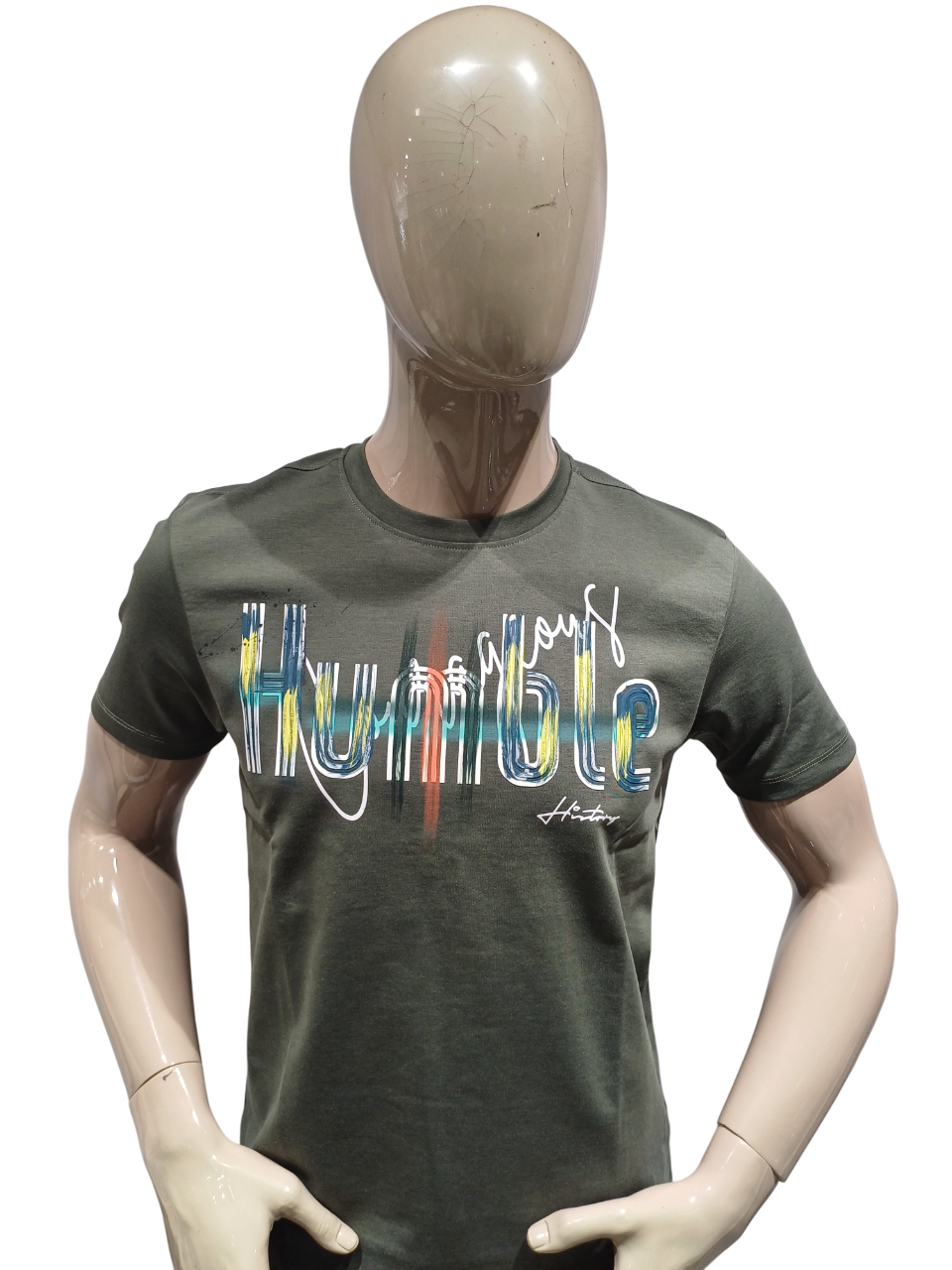 Mens Olive Green Round Neck Half Sleeve Fancy T-Shirt