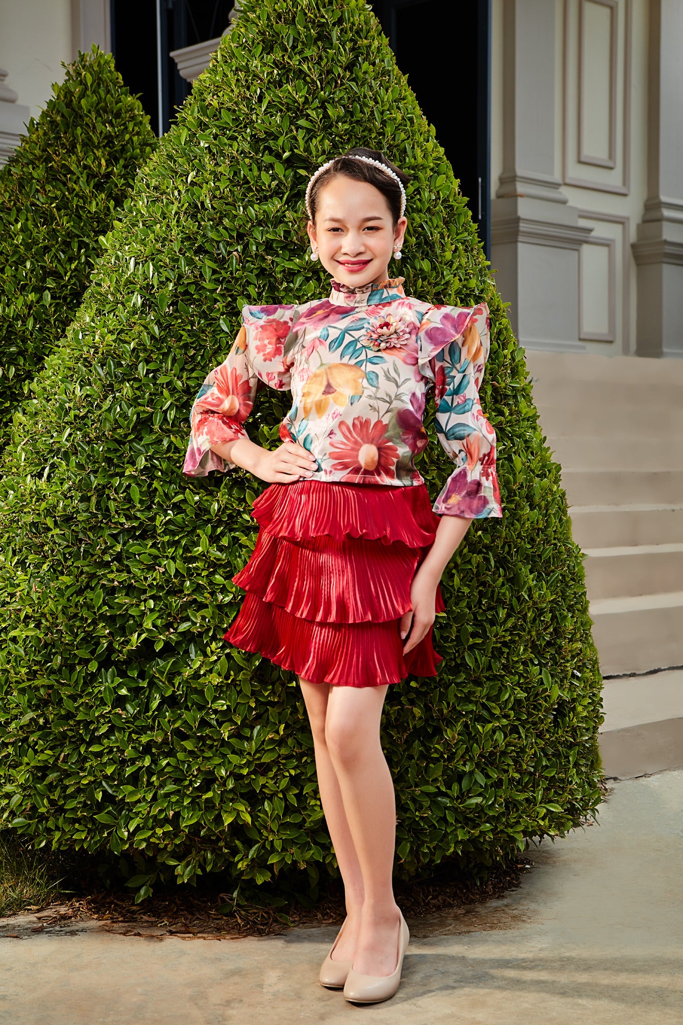 Girls Maroon Floral Printed Fancy Top With Stylish Short Skirt Set