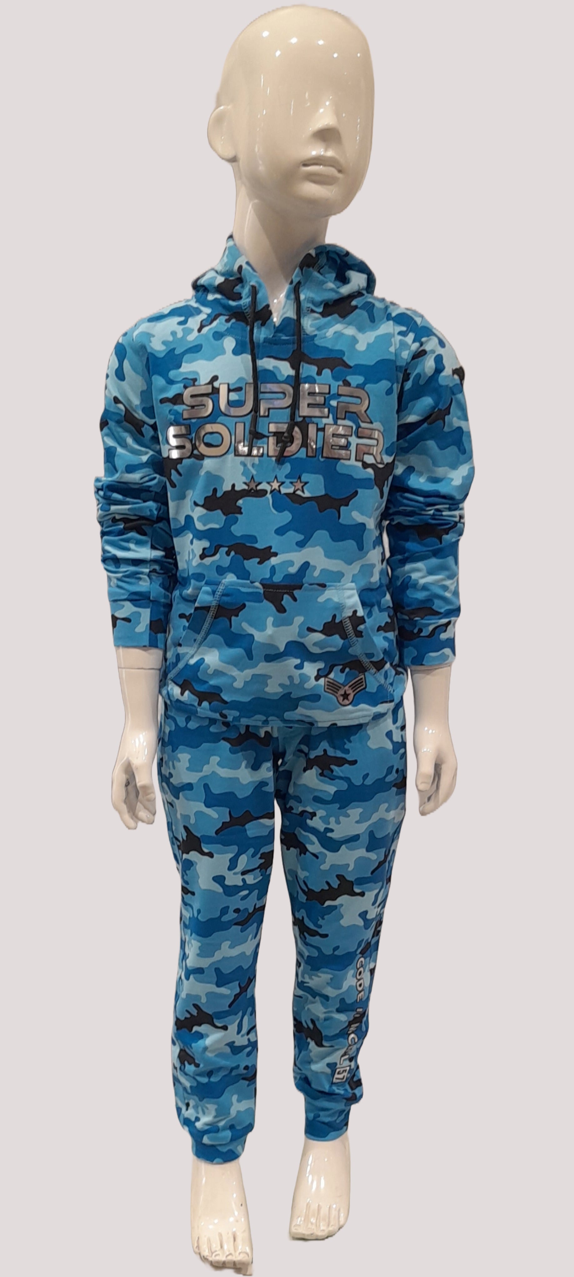 Boys Blue Camo Printed Hooded Stylish Full Sleeve T-Shirt & Lower Set