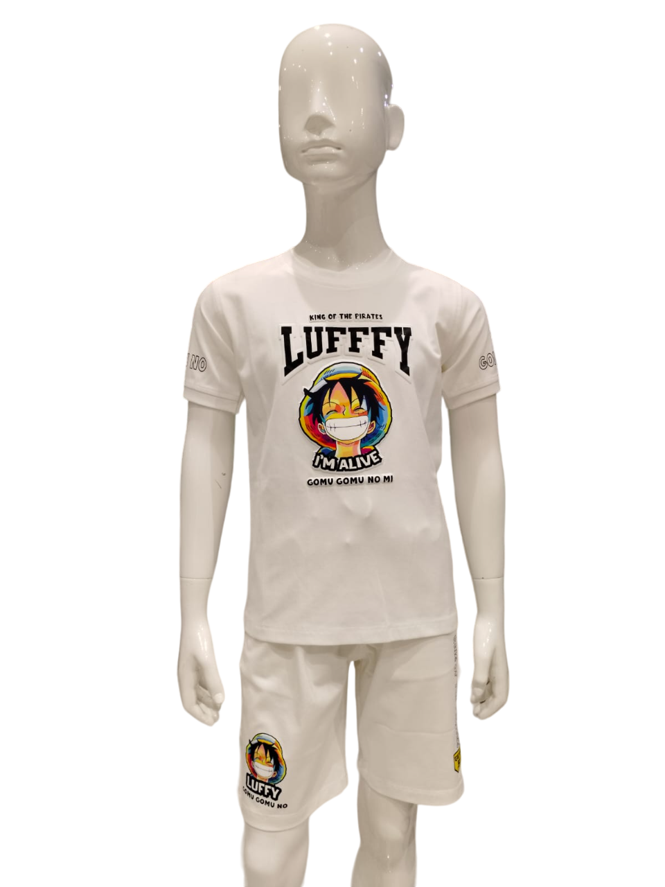 Boys White Luffy Print Half Sleeve Fancy T-Shirt With Fancy Shorts Cord-Set