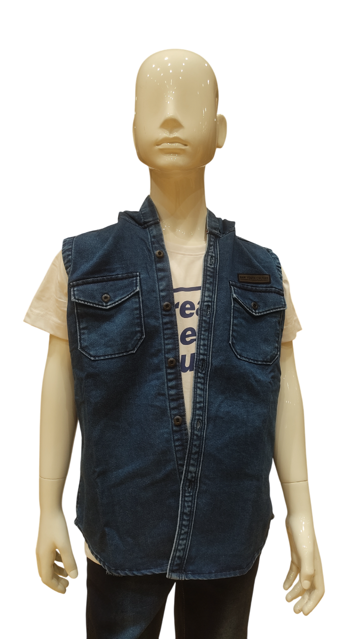 Boys Denim-x Sleeve Less Hoodie Denim Shirt With White Printed T-Shirt