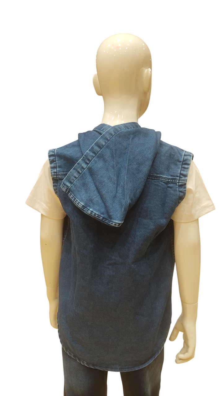 Boys Denim-x Sleeve Less Hoodie Denim Shirt With White Printed T-Shirt