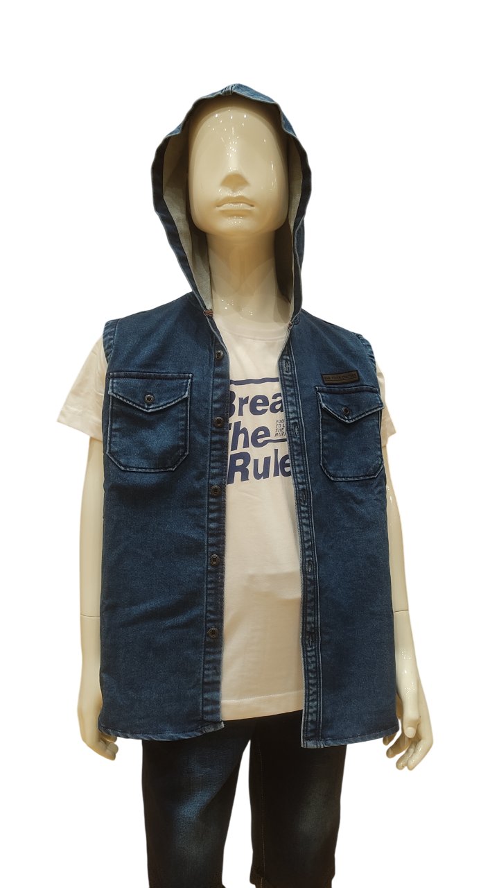 Boys Denim-x Sleeve Less Hoodie Denim Shirt With White Printed T-Shirt