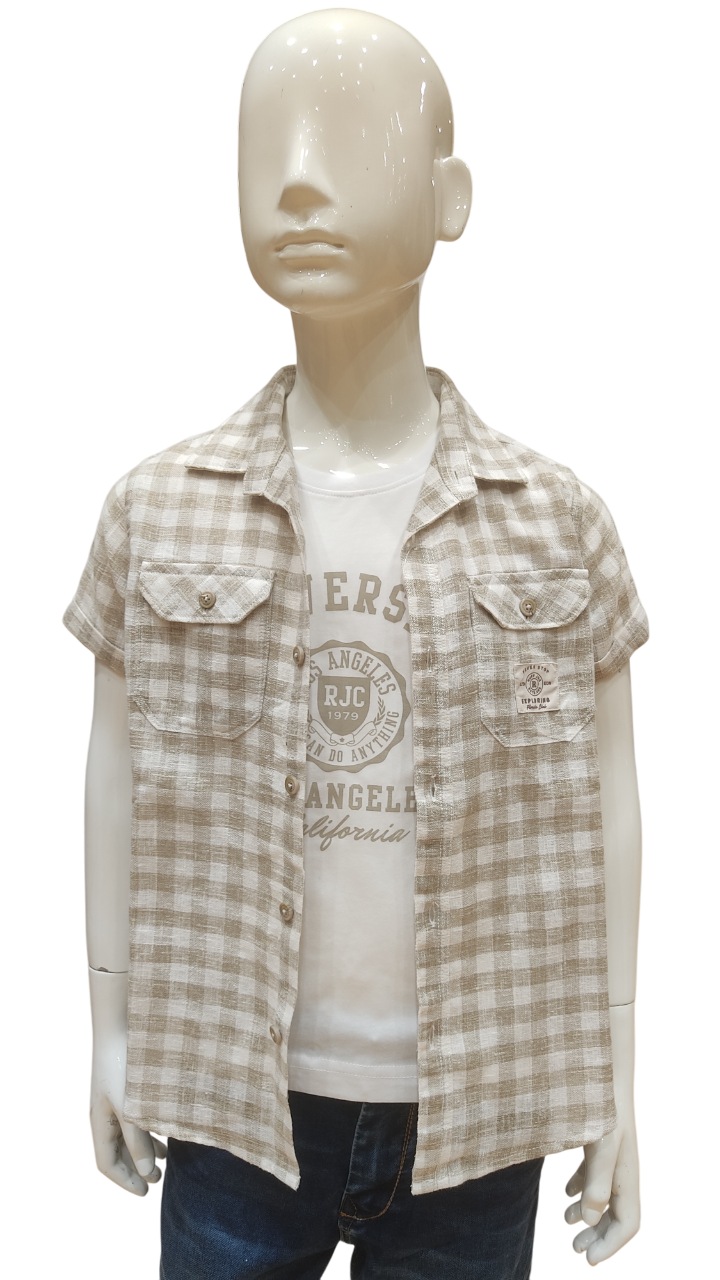Boys Natural Checked Half Sleeve Fancy Shirt With T-Shirt
