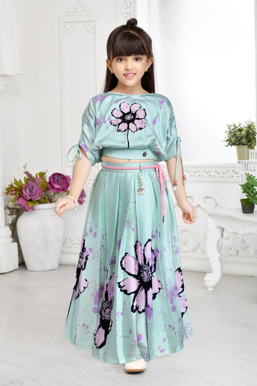 Girls Green Floral Printed Fancy Long Skirt Top