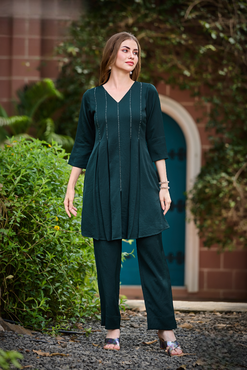 Women's Bottle Green Fancy Stylish Co-Ordinates Set