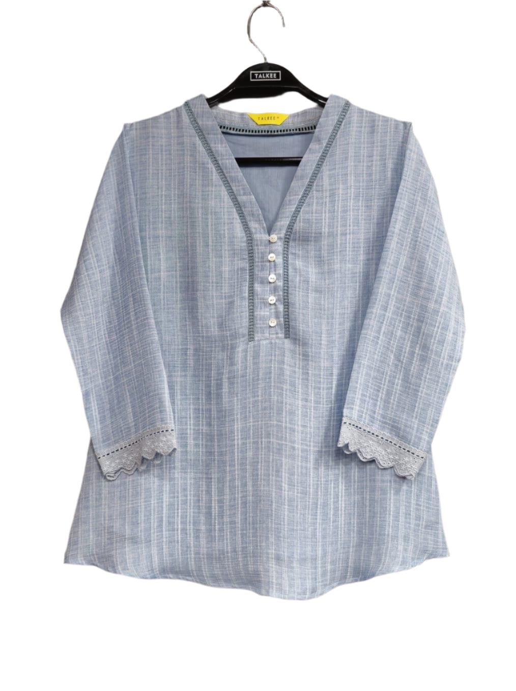 Women's Sky Blue Self Striped V Neck Fancy Top