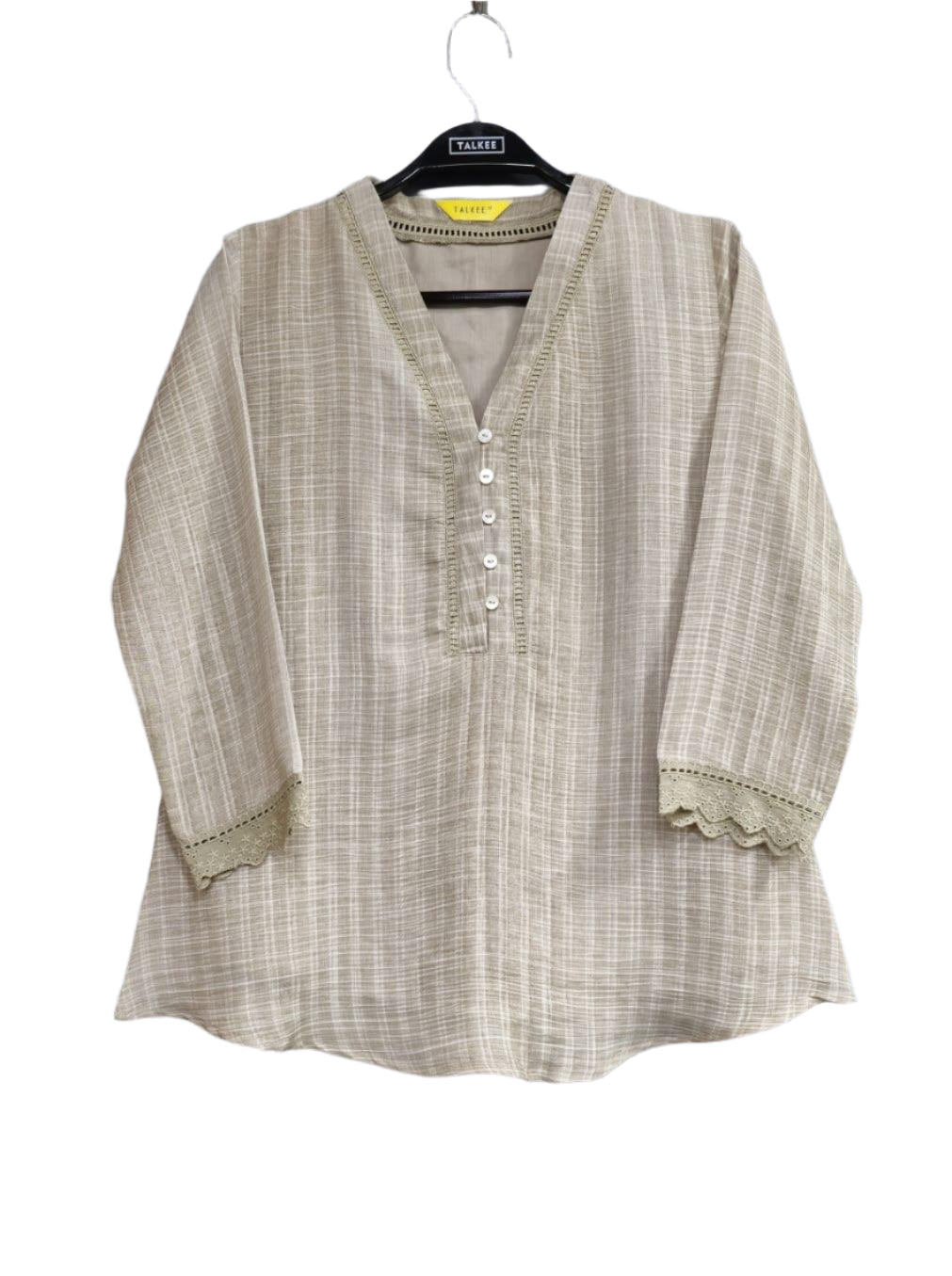 Women's Pista Green Self Striped V Neck Fancy Top