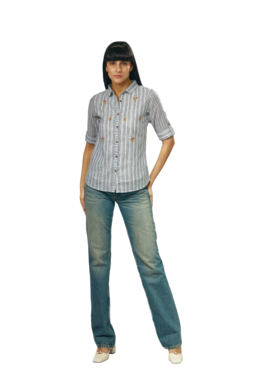 Women's Blue Striped Printed Fancy Top