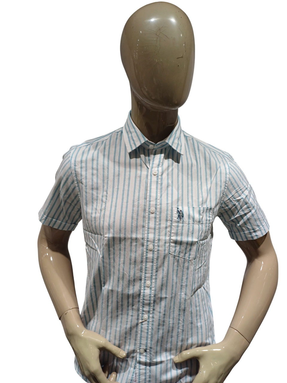 Mens Aqua Blue Striped Half Sleeve Casual Shirt