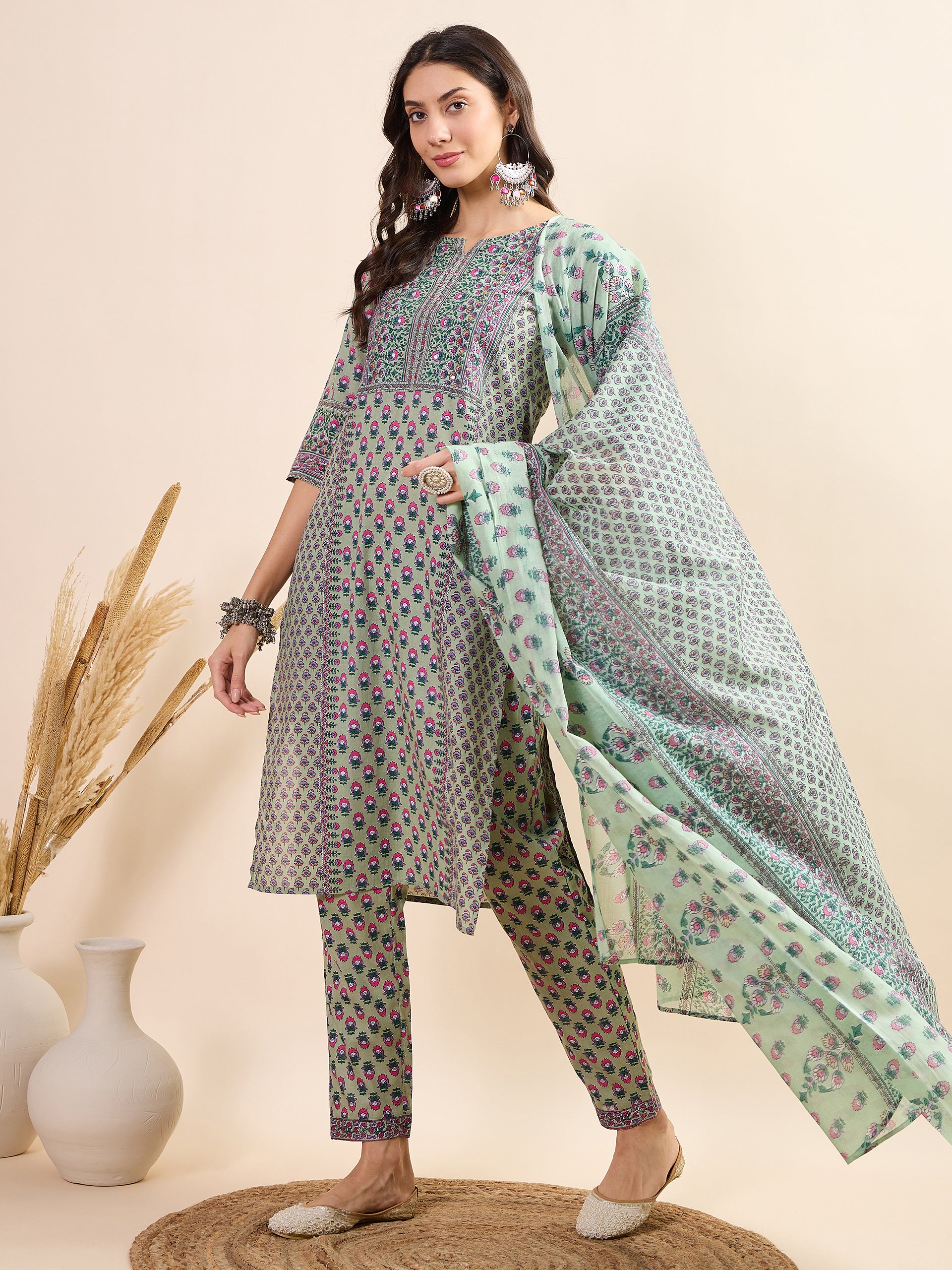 Women's Green Fancy Kurti Suit With Dupatta