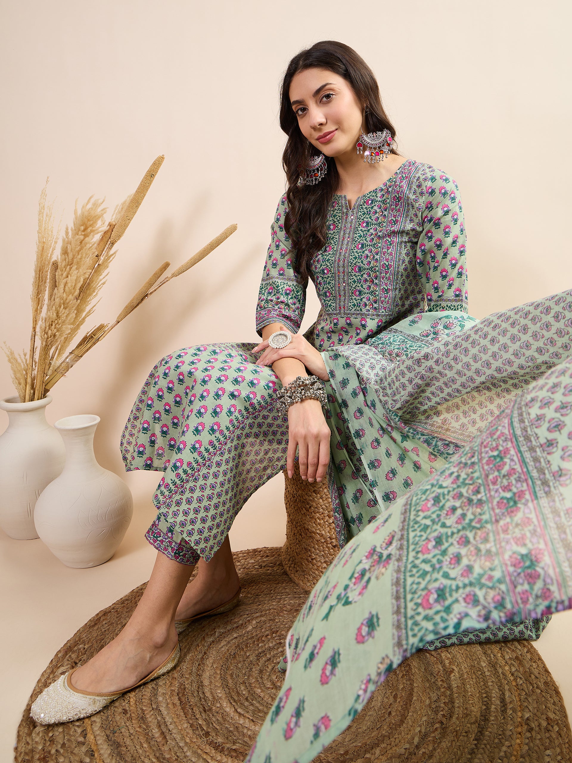 Women's Green Fancy Kurti Suit With Dupatta