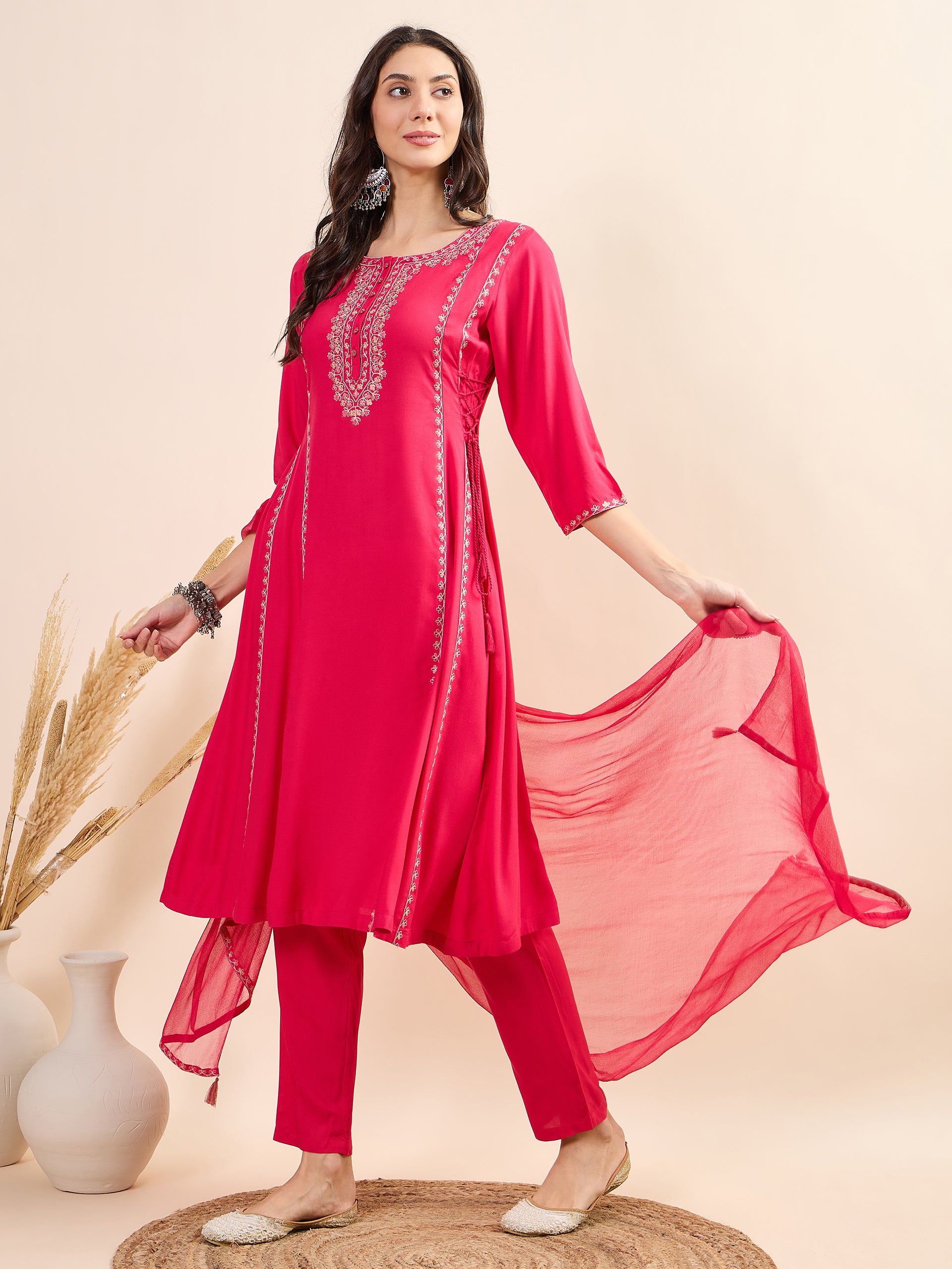 Women's Fuchsia Fancy Kurti Suit With Dupatta