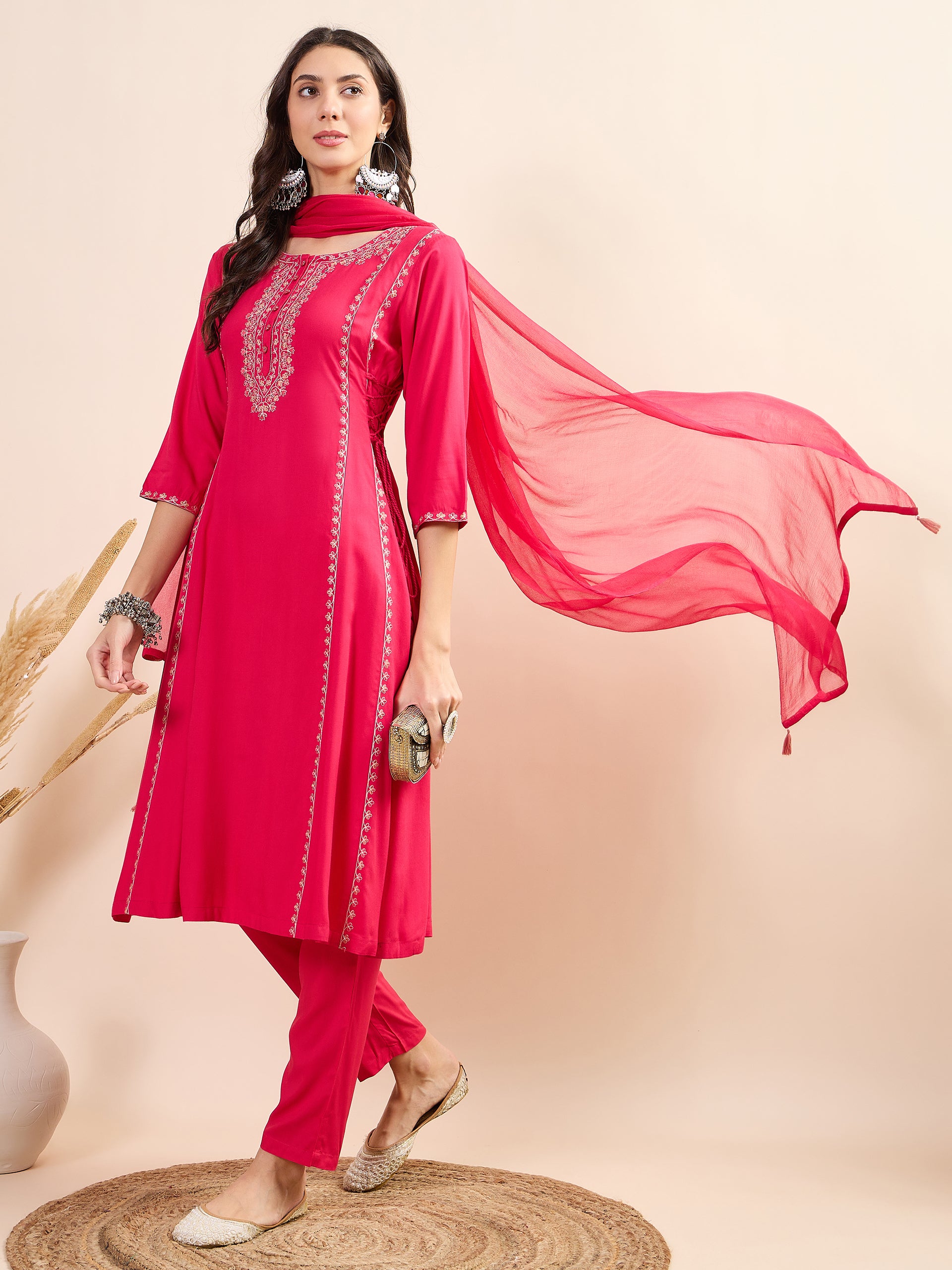 Women's Fuchsia Fancy Kurti Suit With Dupatta