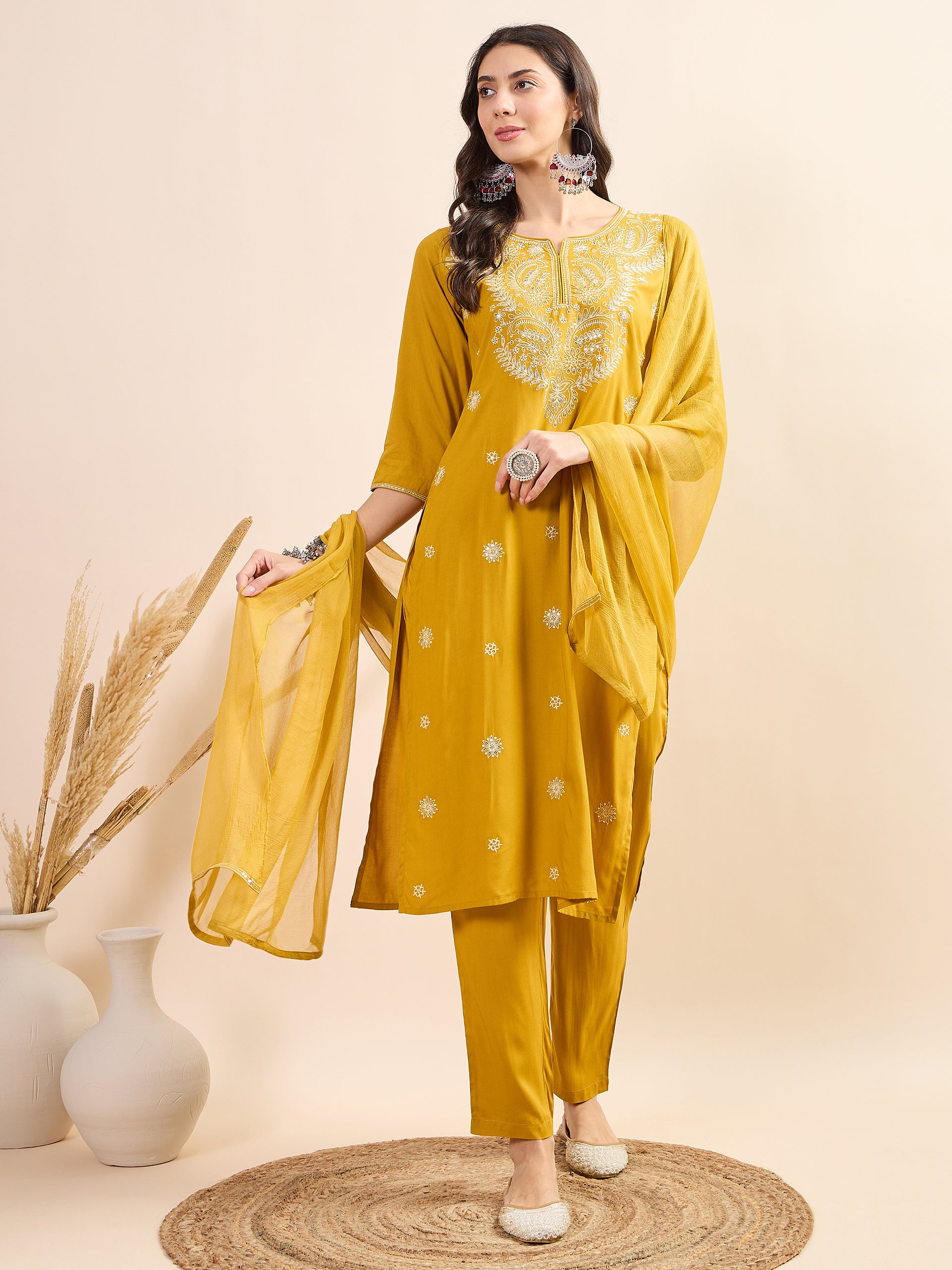 Women's Gold Fancy Kurti Suit With Dupatta