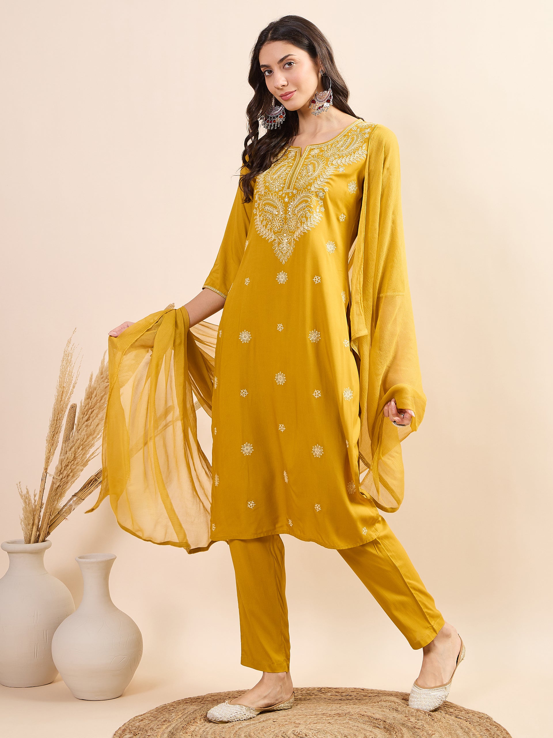 Women's Gold Fancy Kurti Suit With Dupatta