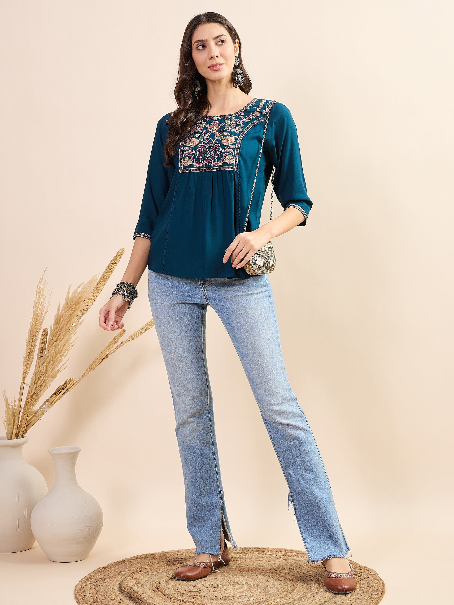 Women's Turq embroidery Fancy Top