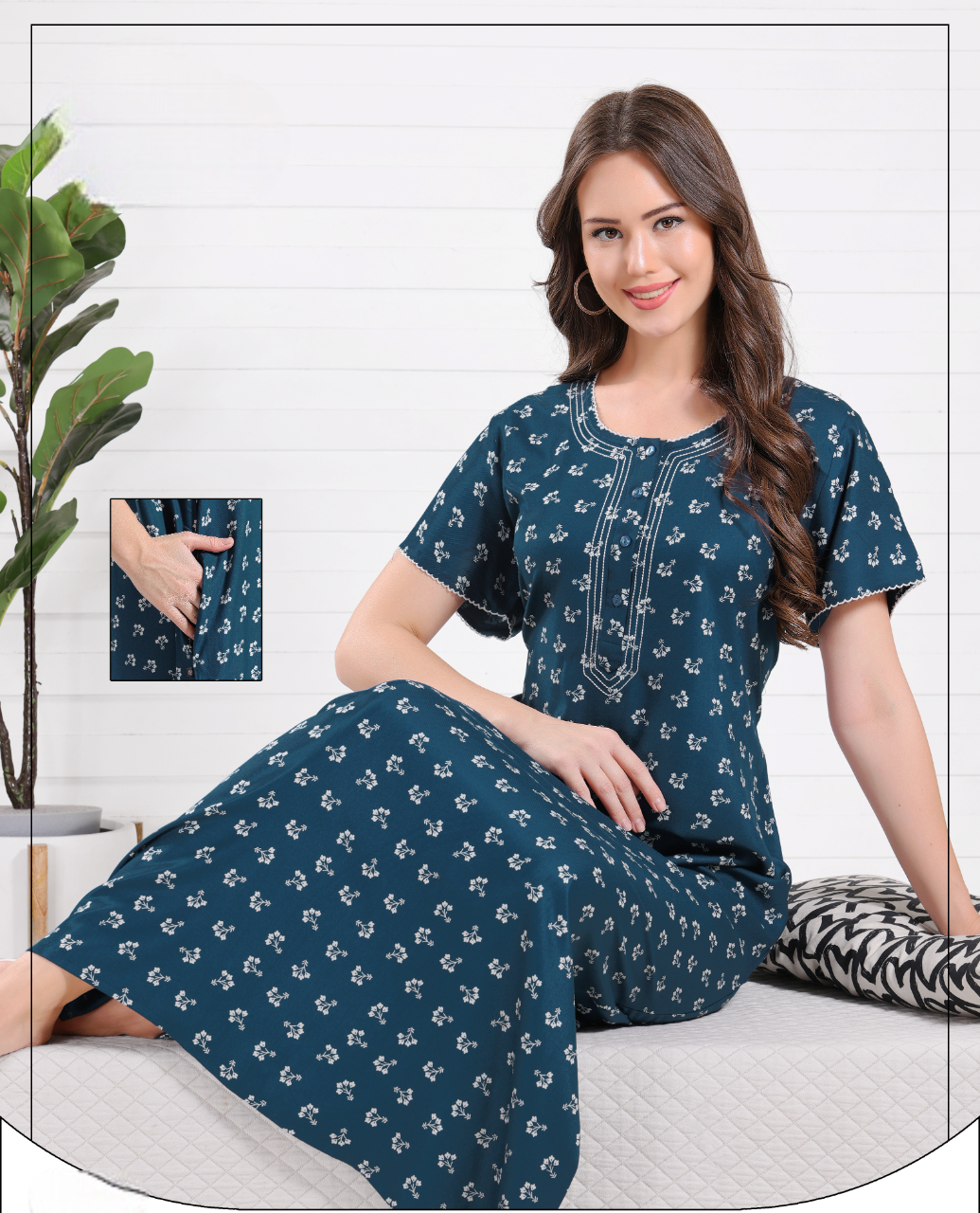 Women's Blue Floral Printed Night Wear Gown