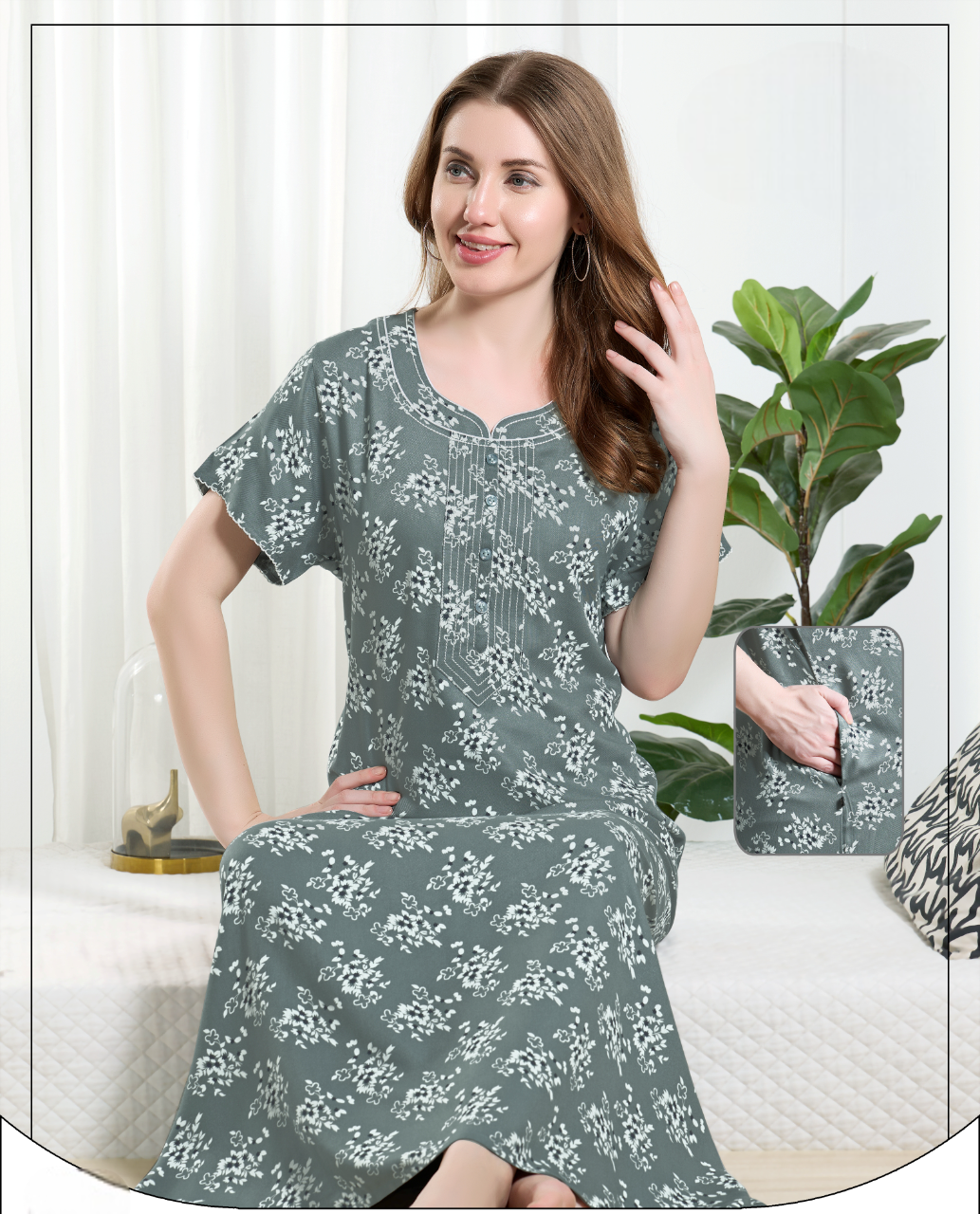 Women's Green Floral Printed Night Wear Gown