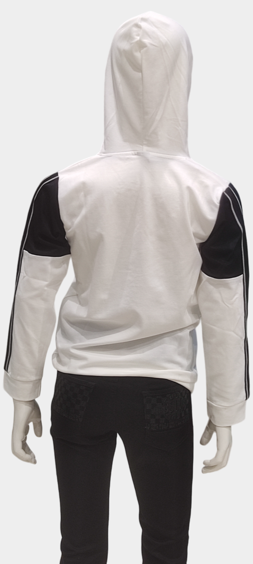 Boys White Hooded Full Sleeve Printed Fancy T-Shirt