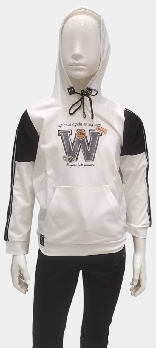 Boys White Hooded Full Sleeve Printed Fancy T-Shirt