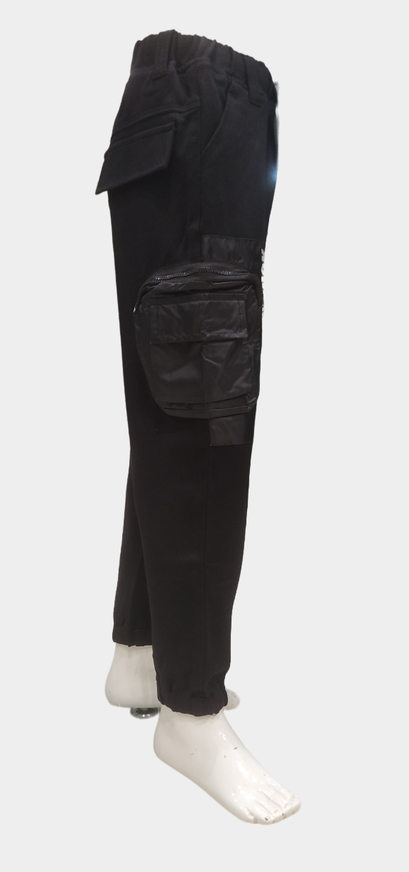 Boys Black Elastic Waist Fancy Cargo Pant