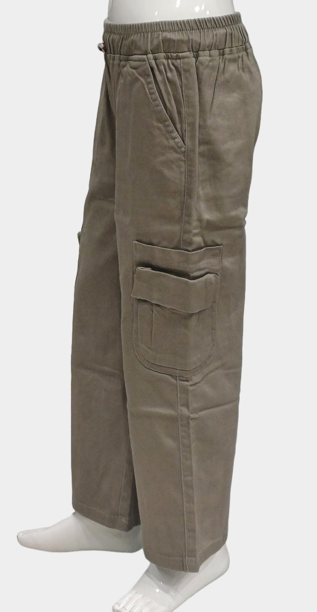 Girls Beige Elastic Waist Fancy Cargo Pant