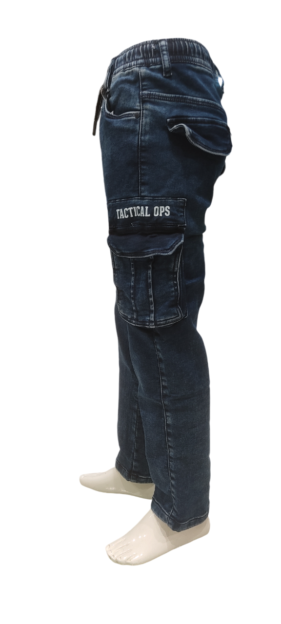 Boys Dark Raw Wash Stylish Regular Fit Six Pocket Cargo Pant