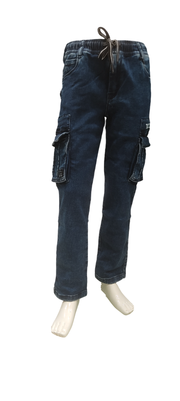 Boys Dark Raw Wash Stylish Regular Fit Six Pocket Cargo Pant