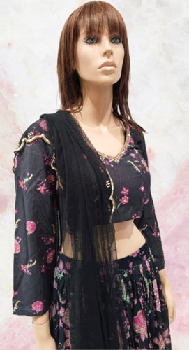 Women Designer Printed Black Long Skirt And Top With Dupatta