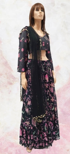Women Designer Printed Black Long Skirt And Top With Dupatta