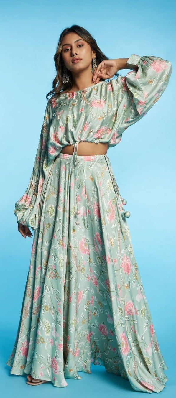Women Western Pista Printed Designer Long Skirt And Full Sleeve Fancy Short Top