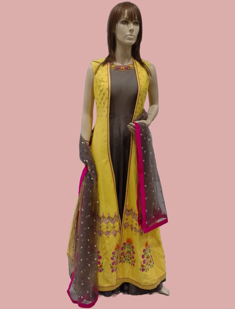Woman's Yellow/Grey Printed Fancy Long Kurta Churidar Suit With Dupatta