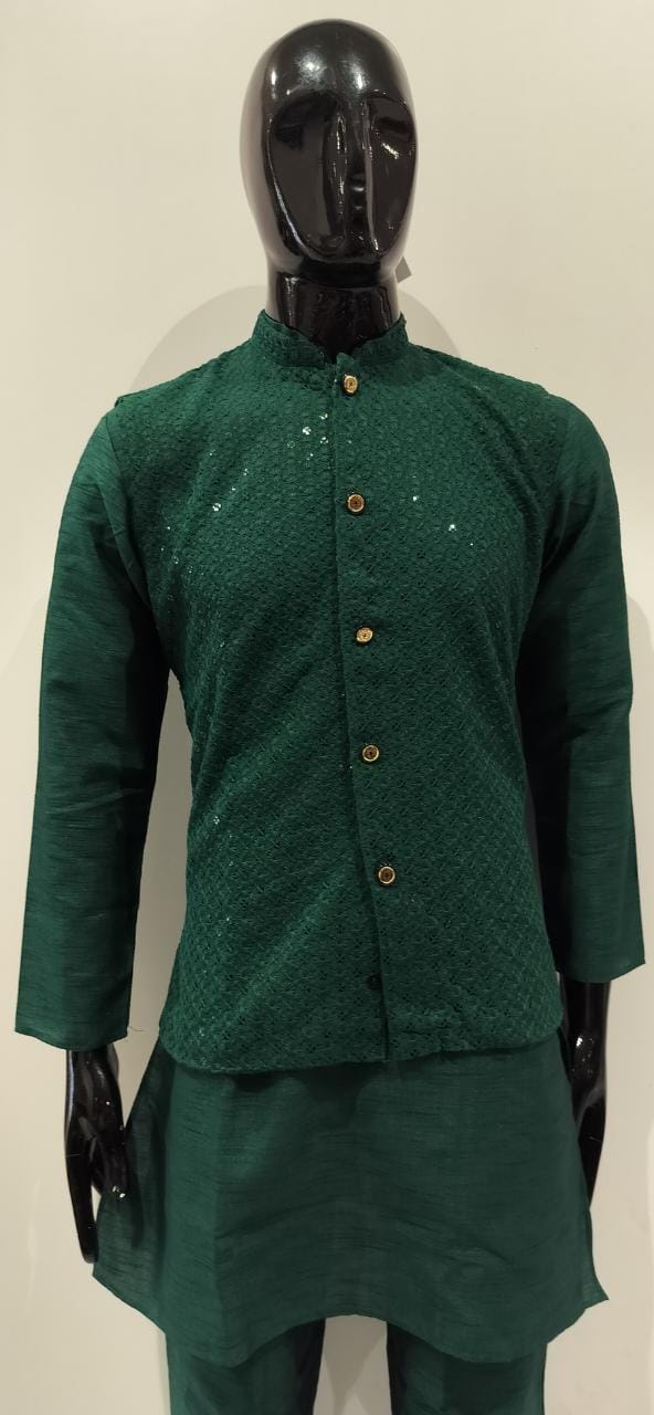 Mens Latest Designer Green Kurta Pajama With Jacket