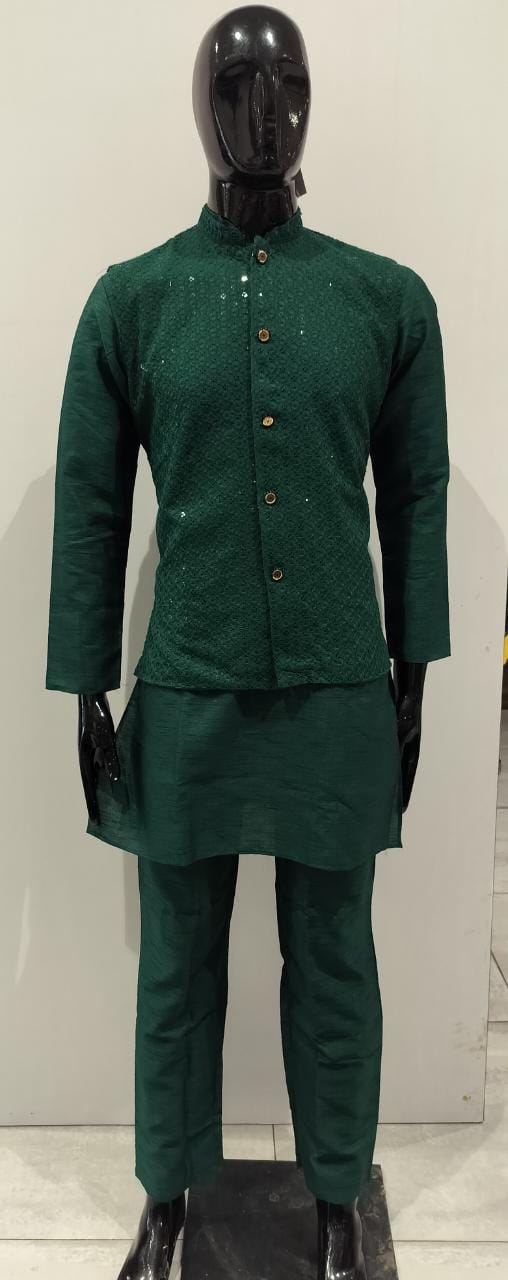 Mens Latest Designer Green Kurta Pajama With Jacket