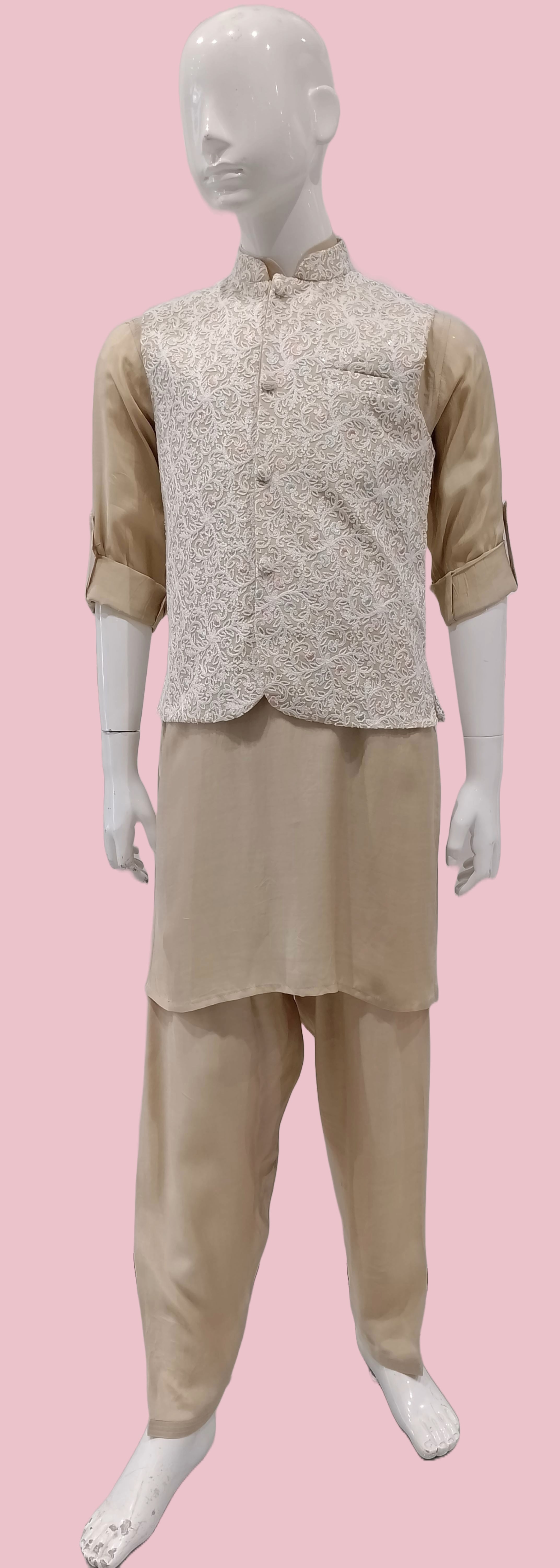 Boys Ethnic Wear Fawn Pathani Suit With Jacket