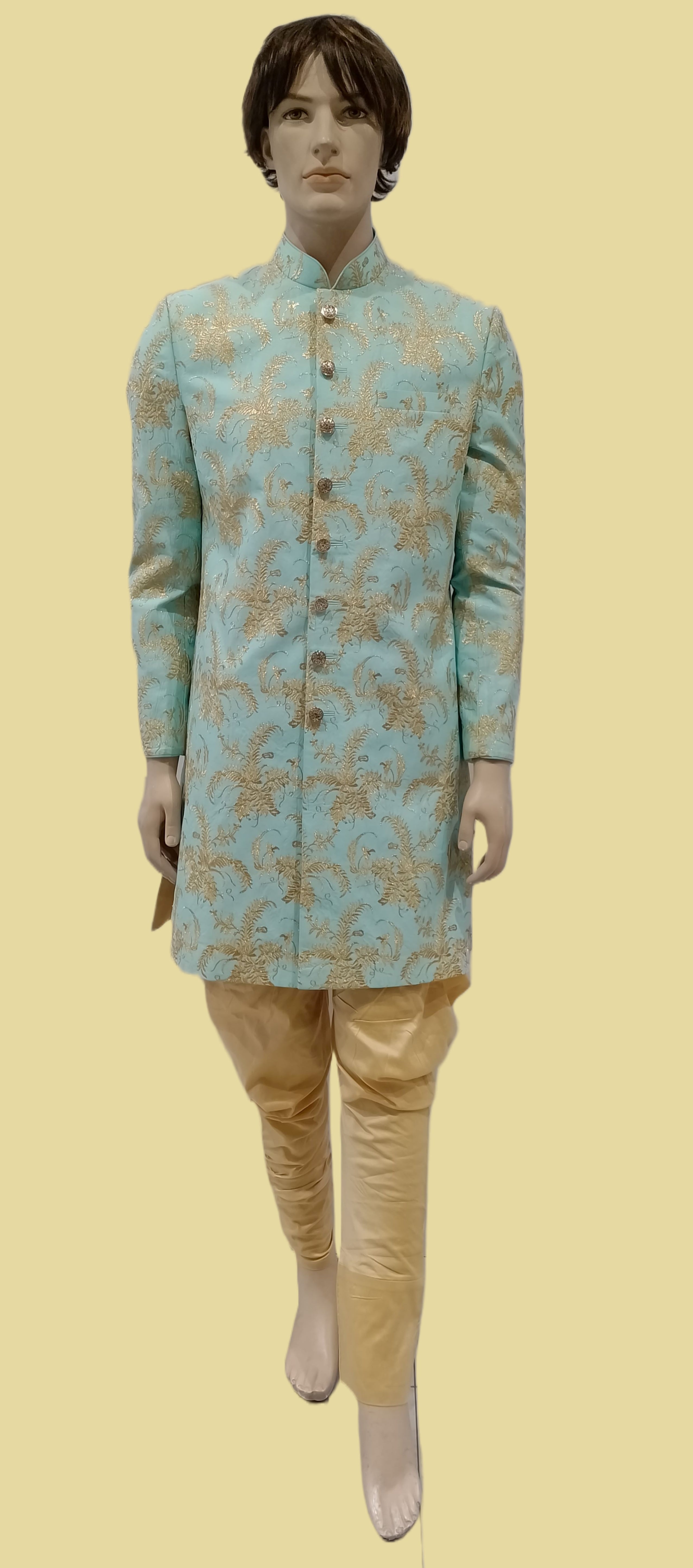 Mens Pista Green Embroidered Wedding Wear Indo Western Suit