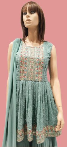 Women Pista Indo Western Hand Work Long Kurti And Plazo Suit With Dupatta