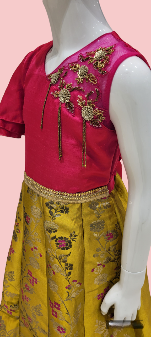 Girls Gold And Rani Party Wear Fancy Printed Long Gown