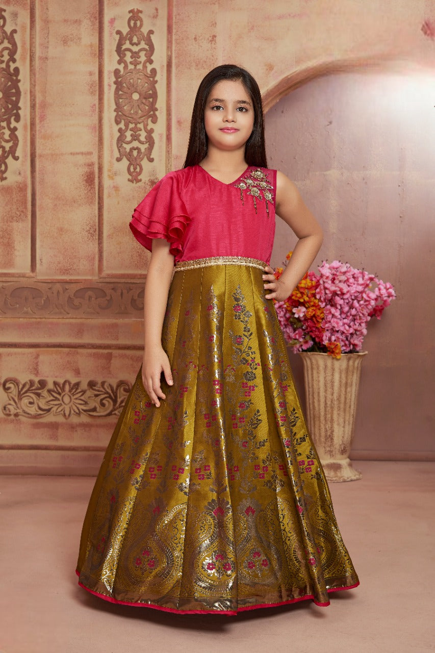 Girls Gold And Rani Party Wear Fancy Printed Long Gown