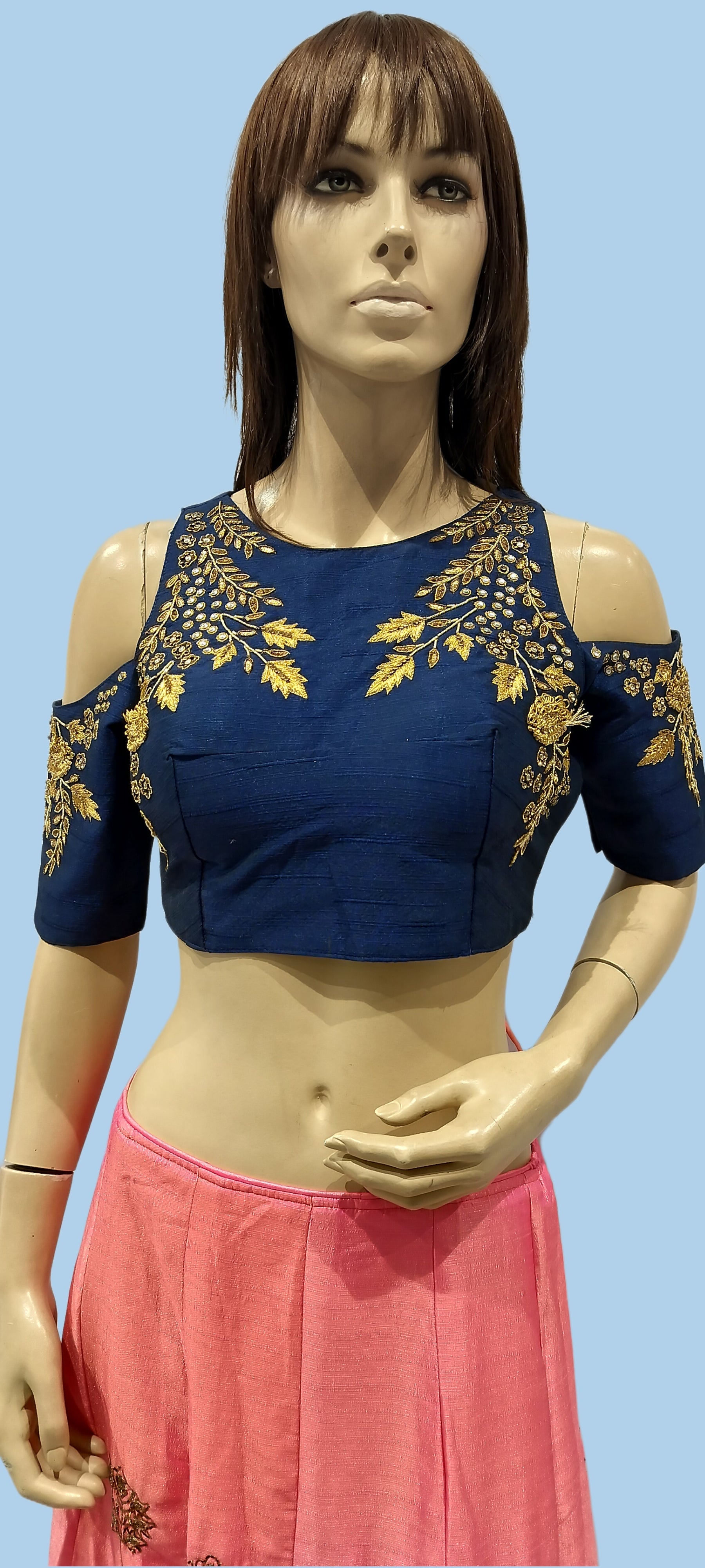 Woman's Designer Blue & Pink Cholee Suit with Silk Fabric Off Shoulder Blouse